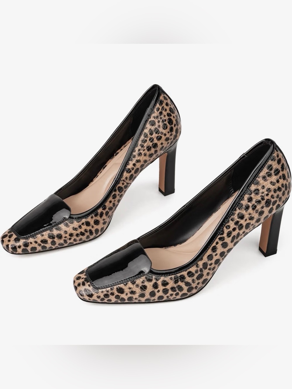Leopard Print Pointed Block Heel Pumps with Black Patent Trim